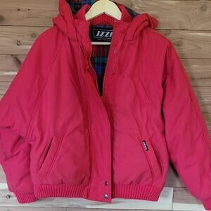 Izzi Quilted Coat, Size S, Flannel Lining, Red Shell, Hood, Knit Cuffs, Vintage